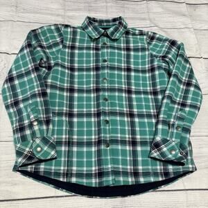Orvis Flannel Fleece Lined Womens Size Medium Shirt Plaid Green Blue Snap Button
